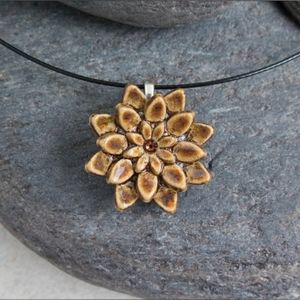 Sparkling Brown Lotus Flower Ceramic Pendant Necklace